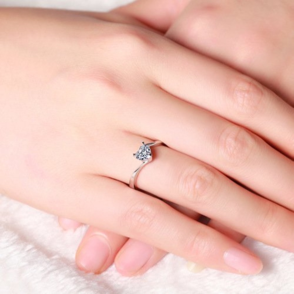 Heart Shaped CZ Bypass Solitaire Ring Silver Tone - Picture 3 of 4